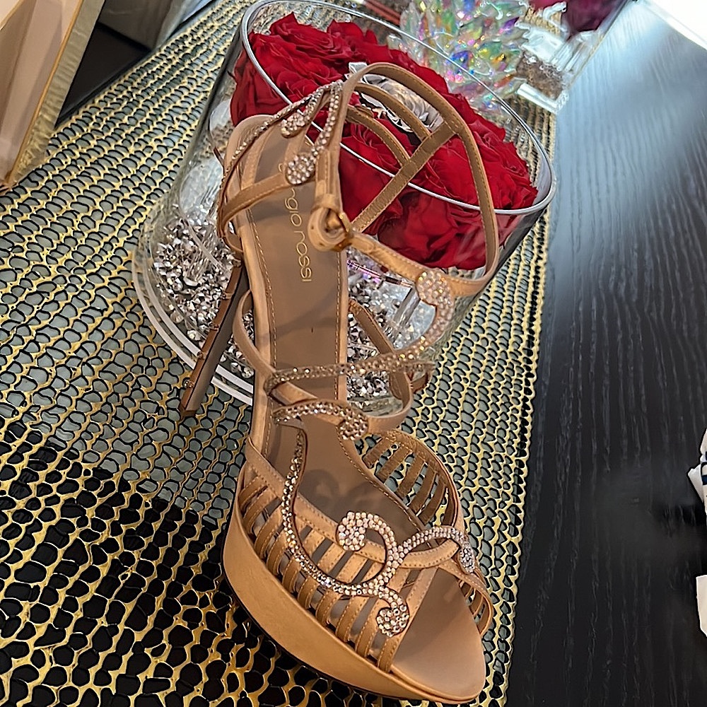 champagne satin shoe great for a bride with exquisite detail with rhinestones